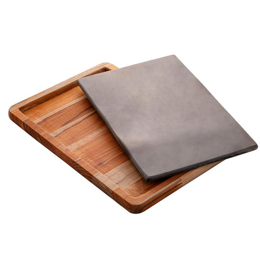 Tábua madeira teca retangular com pedra ardósia 34x24x2cm