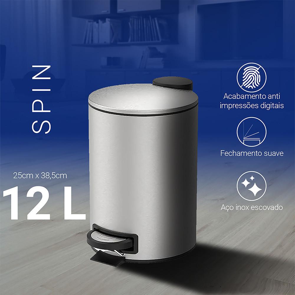 Lixeira Pedal e Balde 12L Aço Inox Escovado Spin Brinox