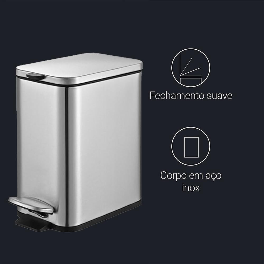 Lixeira Retangular Pedal e Balde 5L Aço Inox Escovado Brinox