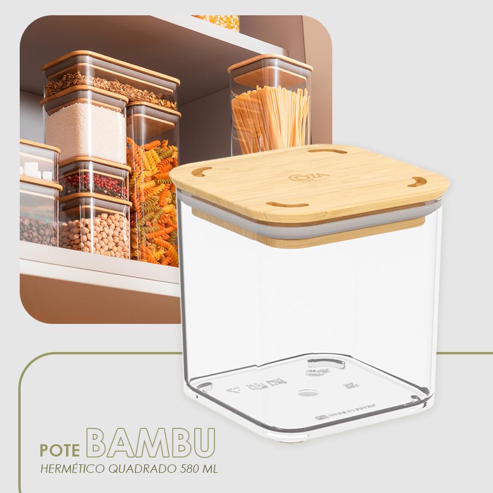 Pote Hermético Quadrado 580ml Tampa Bambu BPA Free Coza Prático E Moderno