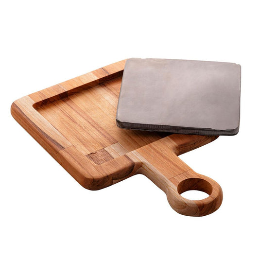 Tábua quadrada em madeira teca com pedra ardósia 30x20x2cm