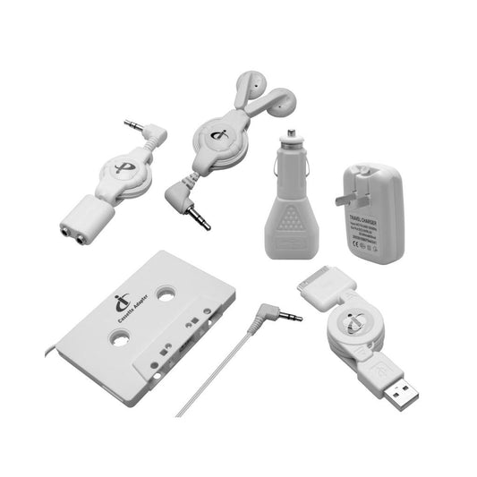 Kit universal para iPod: Carregadores, cabos retráteis e fita cassete