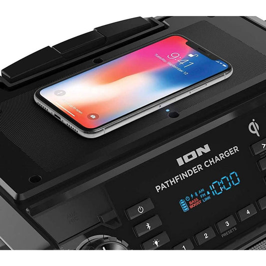 Caixa de Som 100W, Bluetooth, AM/FM, microfone, bateria recarregável e QI p/ Smartphone