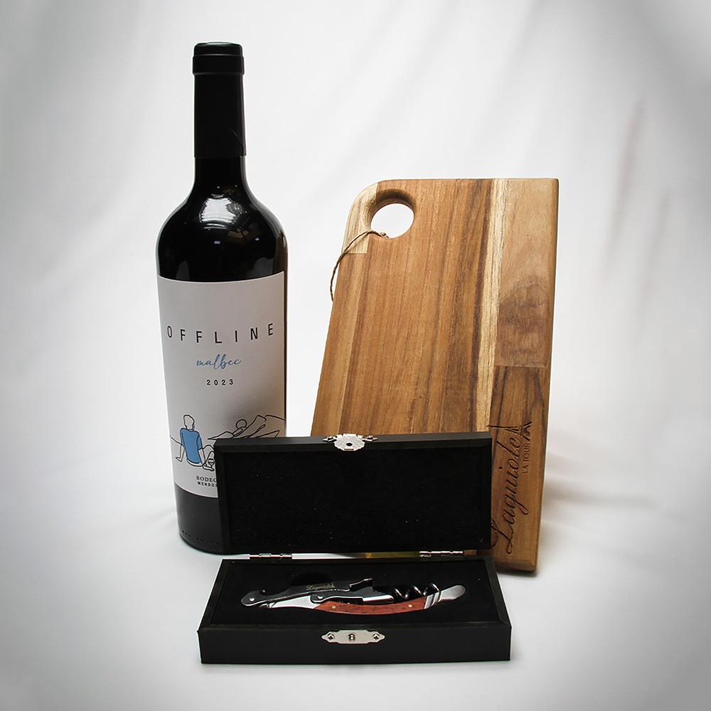 Kit Vinho Offline Malbec, Saca-rolhas Com Caixa E Tábua De Aperitivo