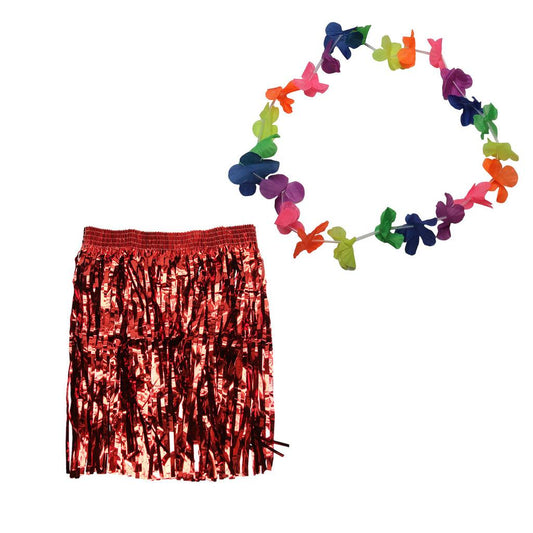 Saia Havaiana Metalizada 40cm Mais Colar Brilho No Carnaval