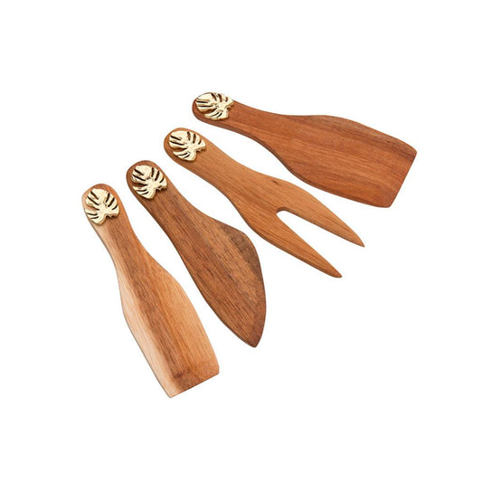 Conjunto com 4 peças p/queijo madeira acácia Costela de Adão dourado