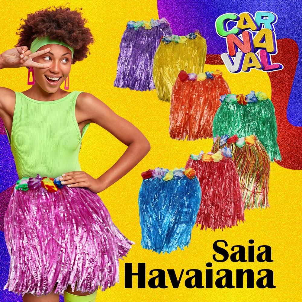 Saia Havaiana 40cm E Colar Colorido Look Perfeito Para Carnaval