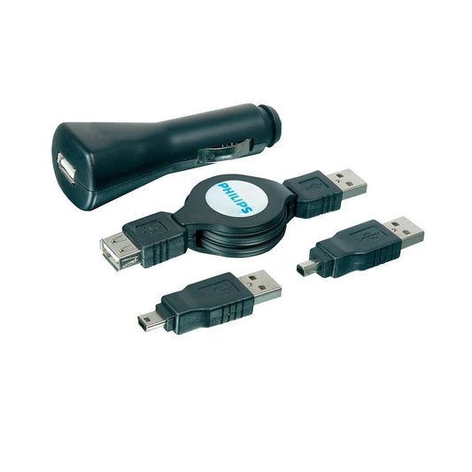 Kit universal com carregador veicular DC com entrada USB e cabo extensão USB retrátil
