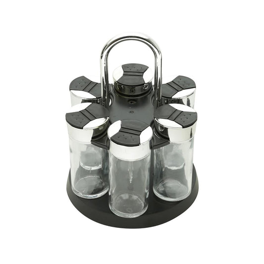 Porta temperos 6 peças de vidro com tampa e base giratória preta Luigi