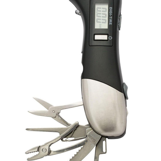 Medidor digital de pressão portátil para pneus com lanterna e multi-ferramentas