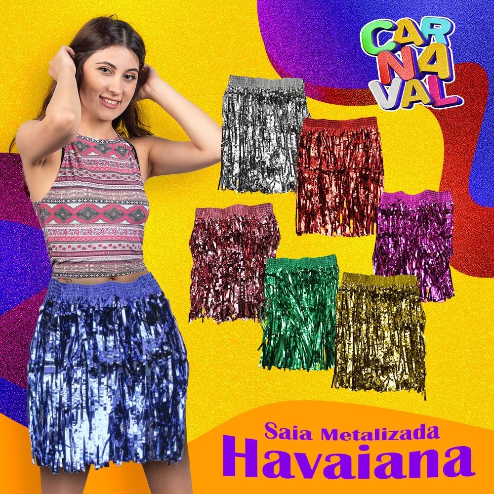 Saia Havaiana Metalizada 40cm Mais Colar Brilho No Carnaval
