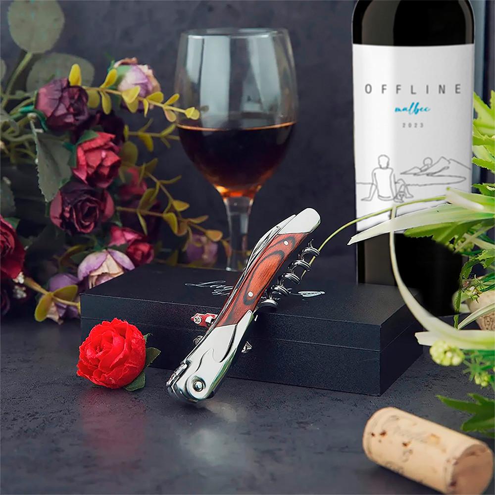 Kit Vinho Offline Malbec, Saca-rolhas Com Caixa E Tábua De Aperitivo