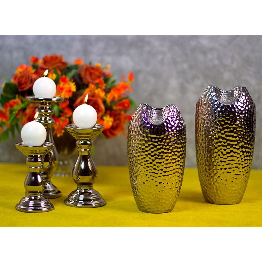 Vaso decorativo cerâmica prateado 14x25cm