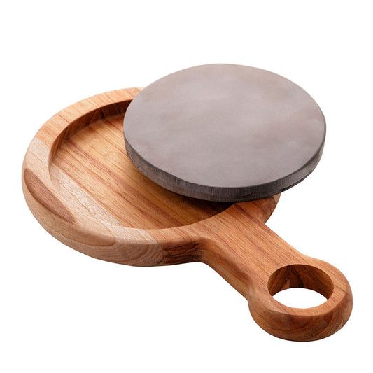 Tábua redonda em madeira teca com pedra ardósia 25x15x2cm