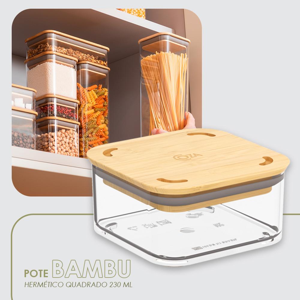 Pote Hermético Quadrado 230ml Tampa Bambu BPA Free Coza