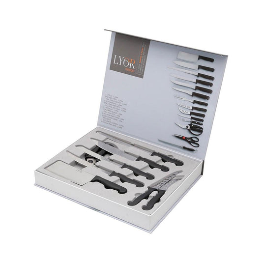Conjunto com 24 peças garfos e facas para diversos usos de aço inox e cabo baquelite