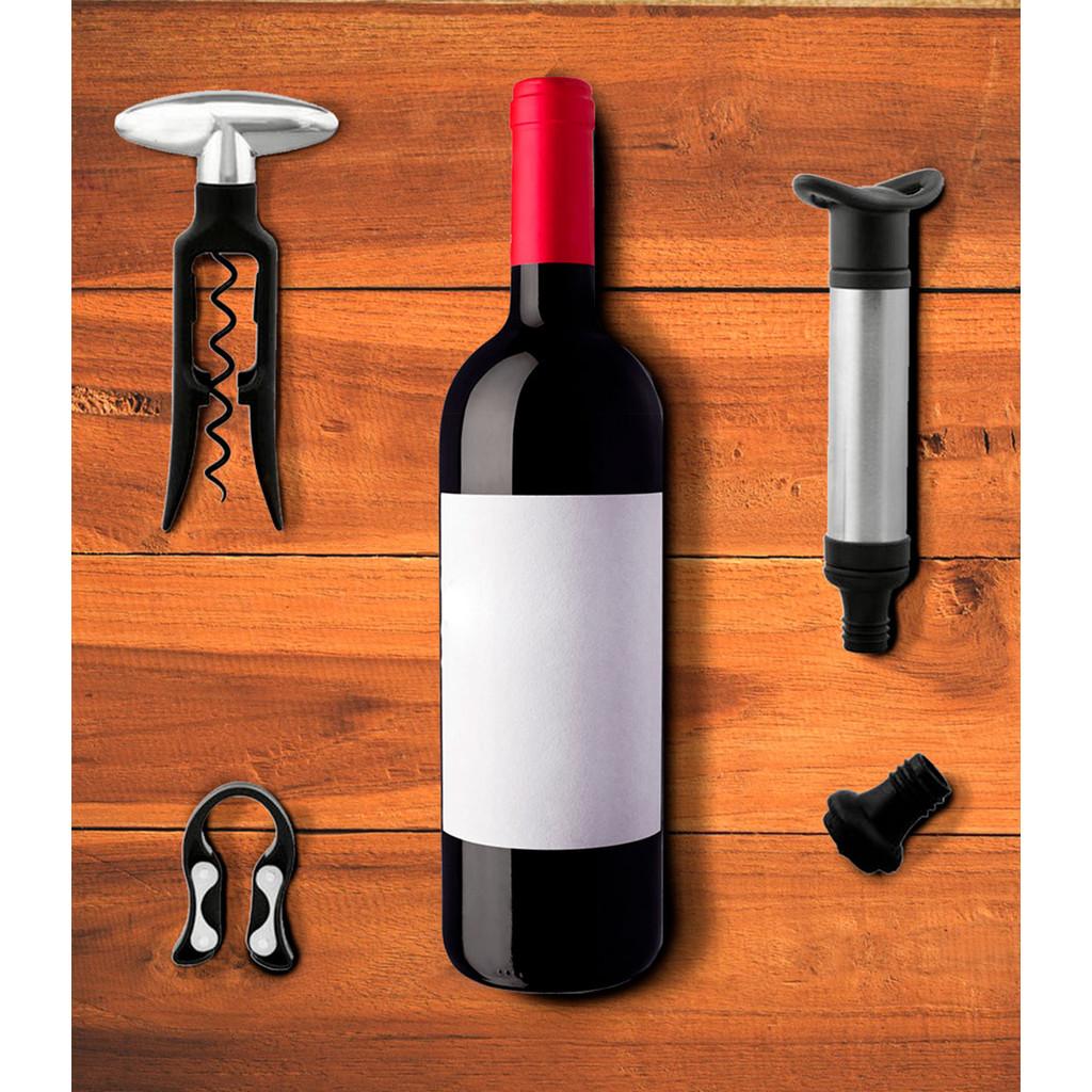Conjunto com 5 peças em aço inox p/vinho com caixa