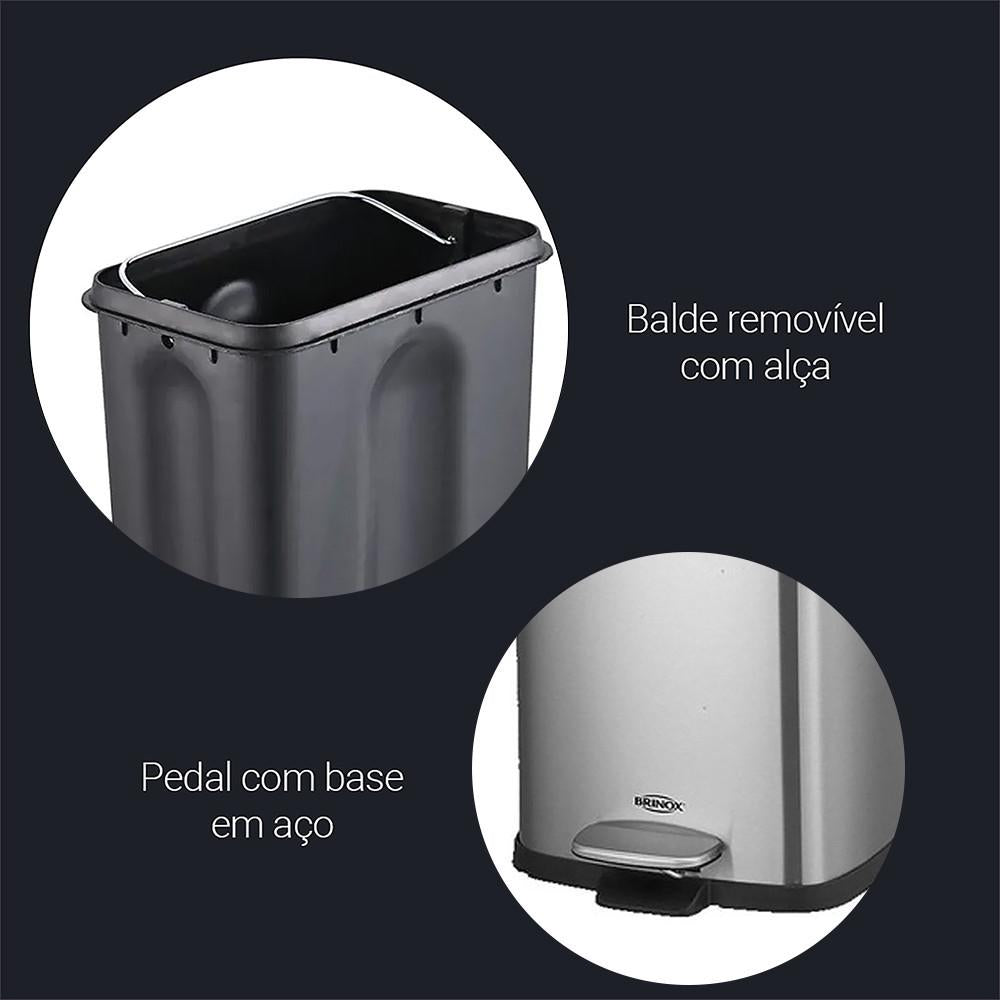 Lixeira Aço Inox Pedal Balde Frame 20L Brinox