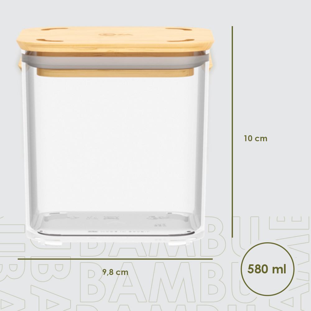 Pote Hermético Quadrado 580ml Tampa Bambu BPA Free Coza Prático E Moderno