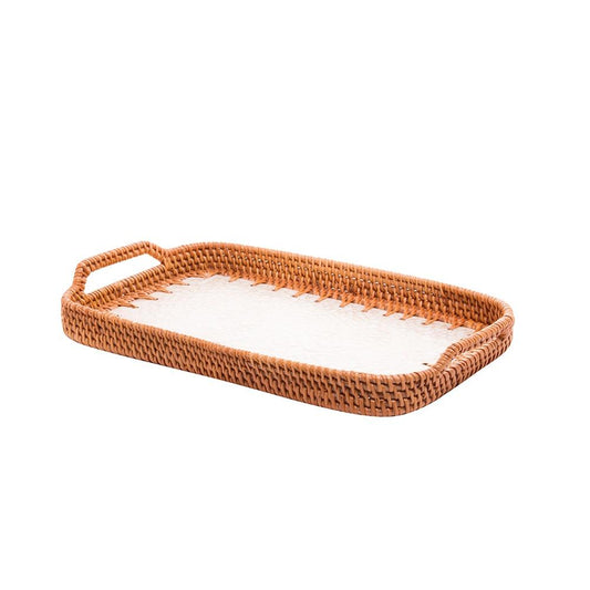 Bandeja decorativa de rattan e concha 36x24x7cm
