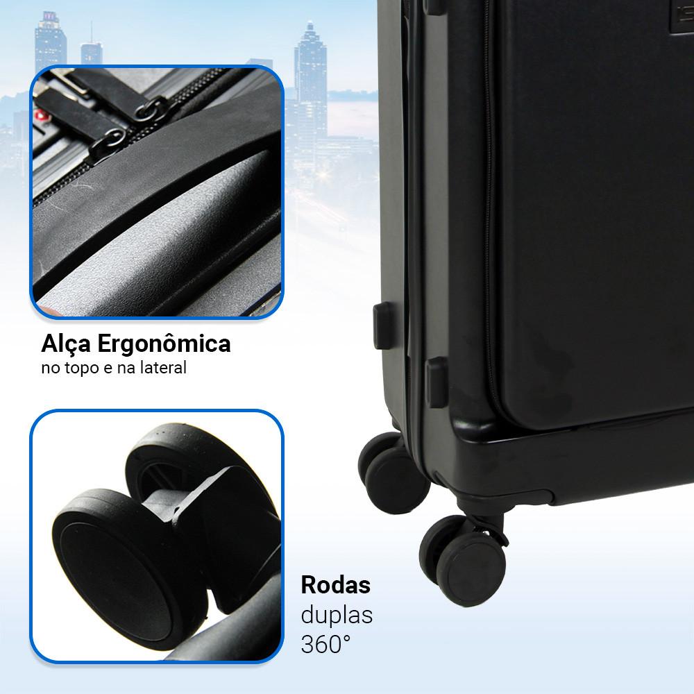 Mala ABS Atlanta P Preta Bordo Com Bolso Laptop 4 Rodas 360º Isibrás