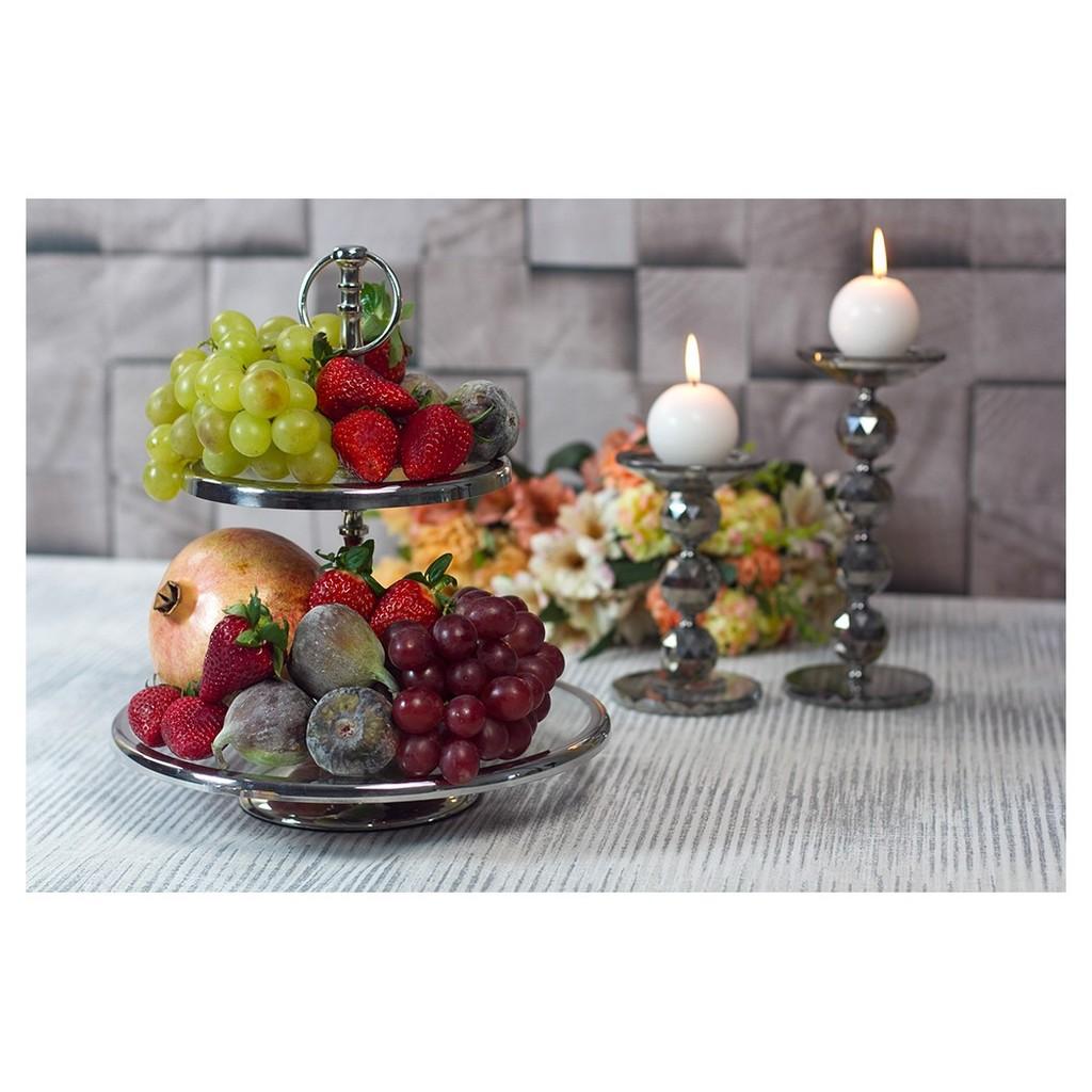 Prato duplo de vidro para doces com borda em aço inox 28x18x33cm
