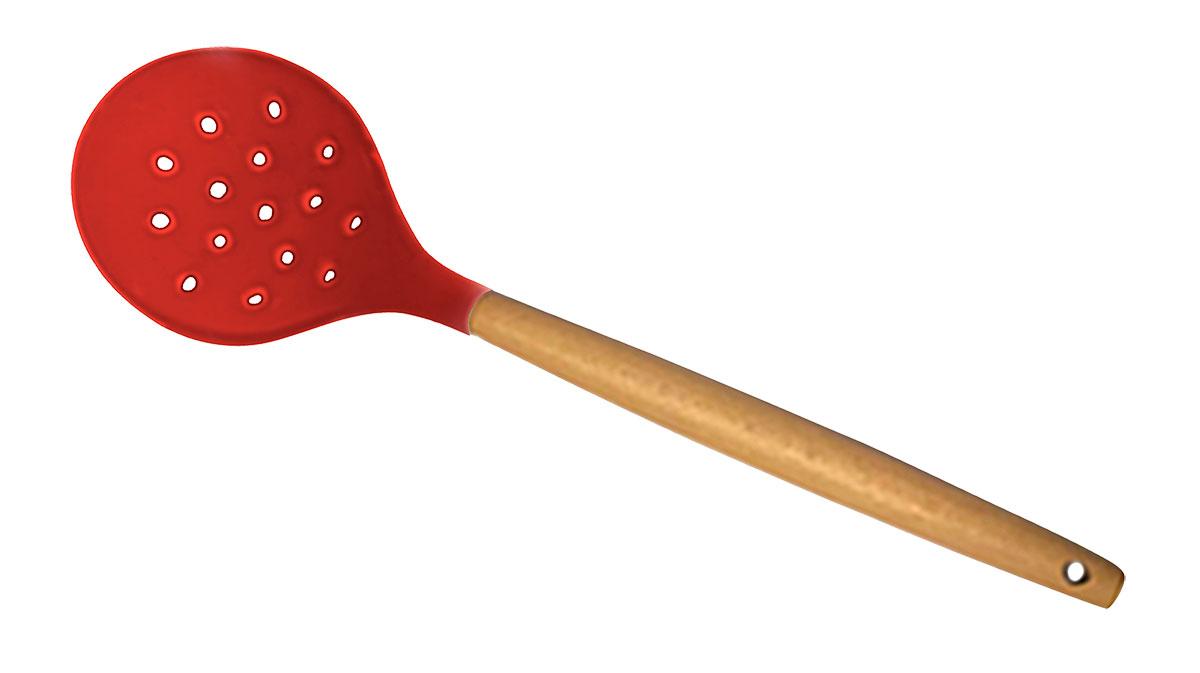 Escumadeira de silicone c/cabo de bambu Charmy vermelha 31,5cm