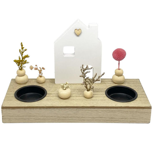 Peça Décor De Mesa Madeira Com Vasinhos, Flores E Suporte 2 Velas 20x12,5cm