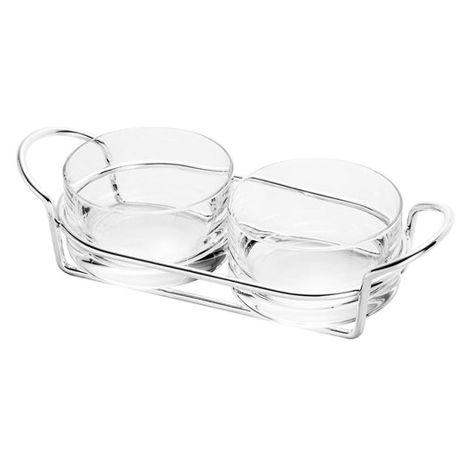 Petisqueira dupla de vidro e prata c/suporte Italy 24x10x8cm