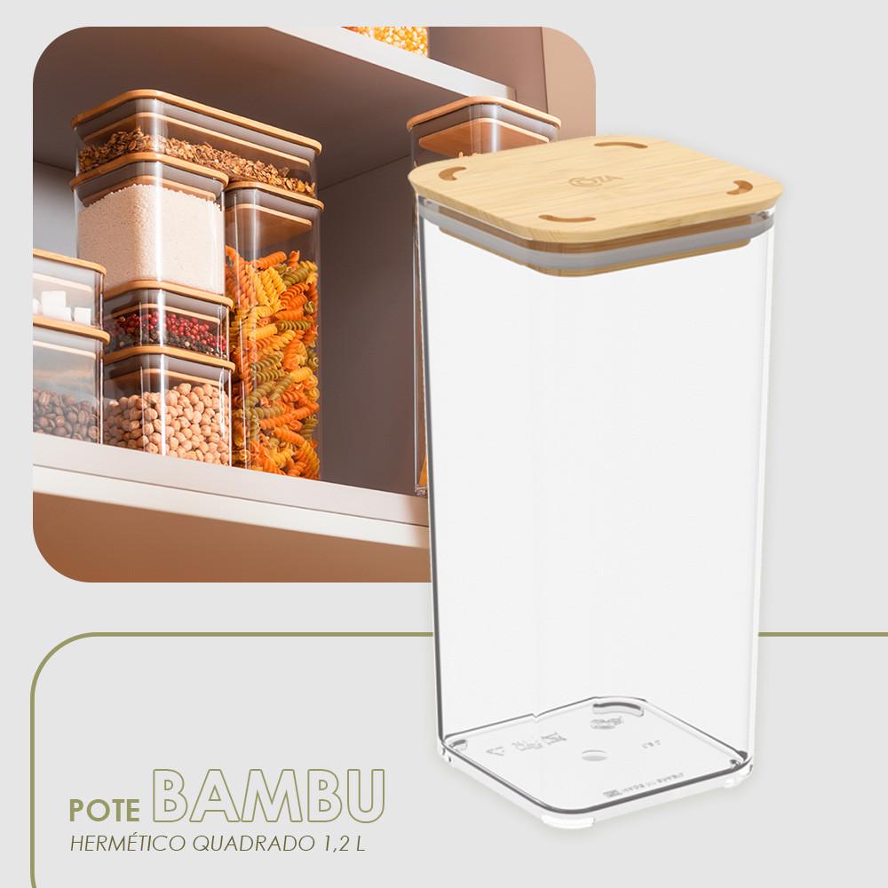 Pote Hermético Quadrado 1,2L Tampa Bambu BPA Free Coza Prático E Moderno