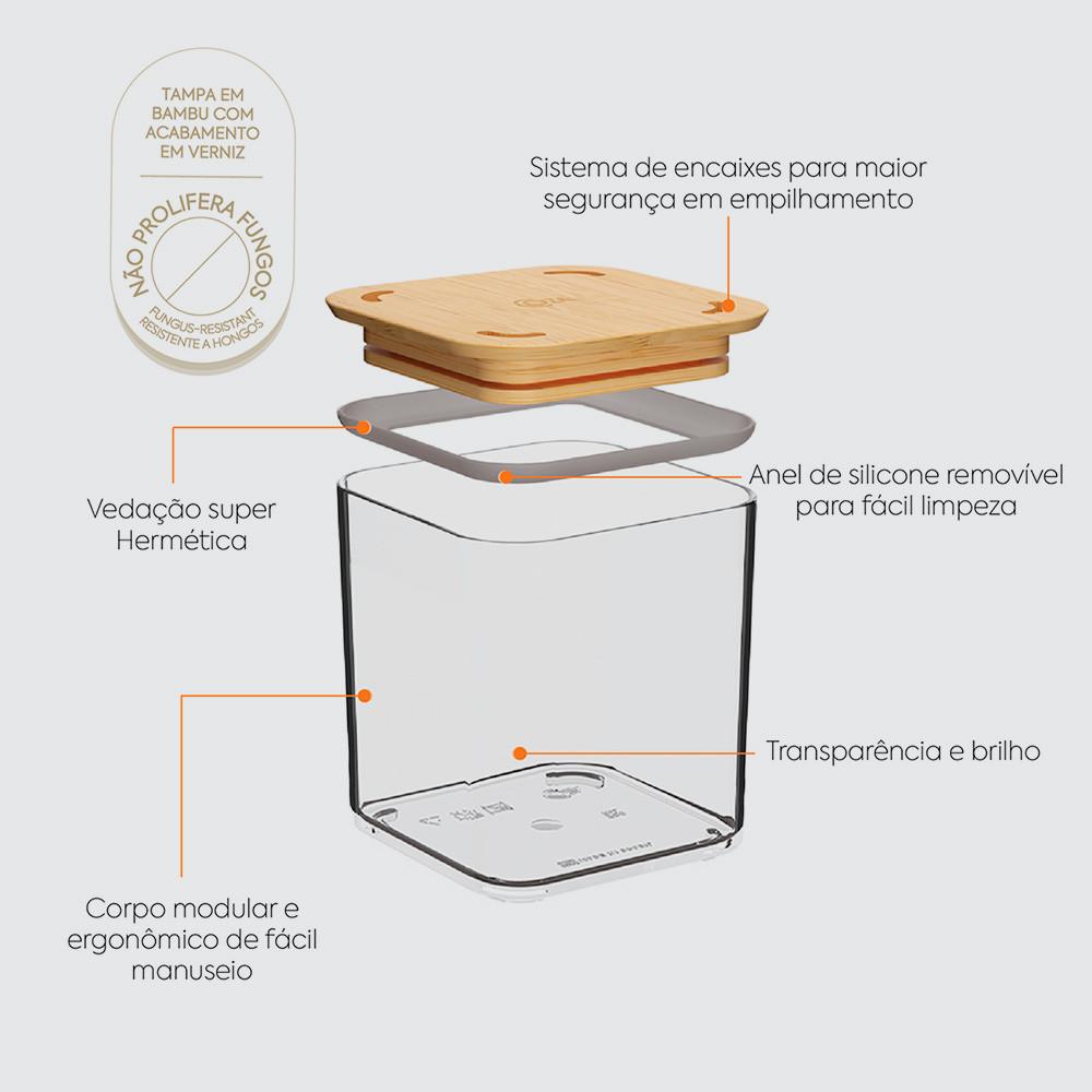 Pote Hermético Quadrado 580ml Tampa Bambu BPA Free Coza Prático E Moderno