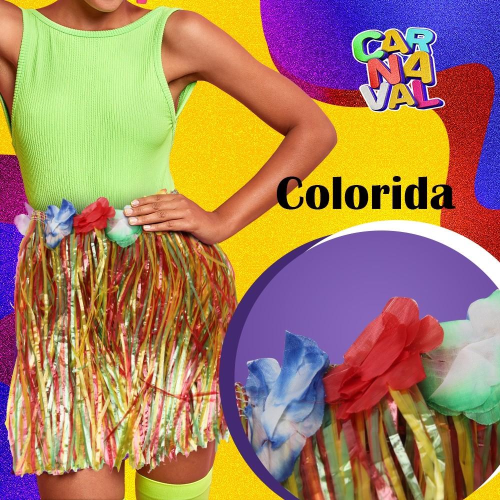 Saia Havaiana 40cm E Colar Colorido Look Perfeito Para Carnaval