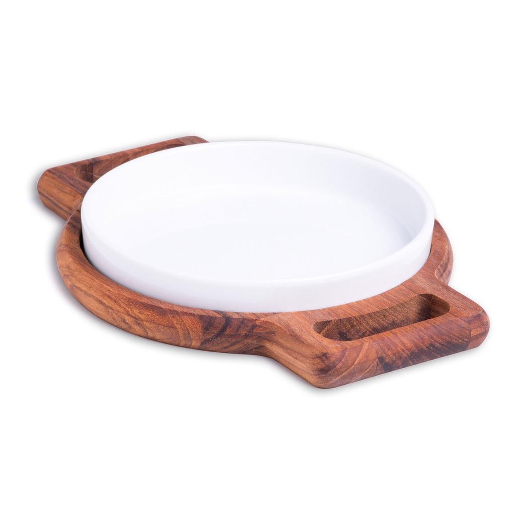 Tábua em madeira Teca com prato em porcelana 23x17x3cm