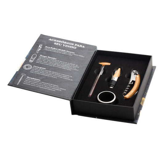Conjunto com 4 peças em aço inox para vinho com caixa