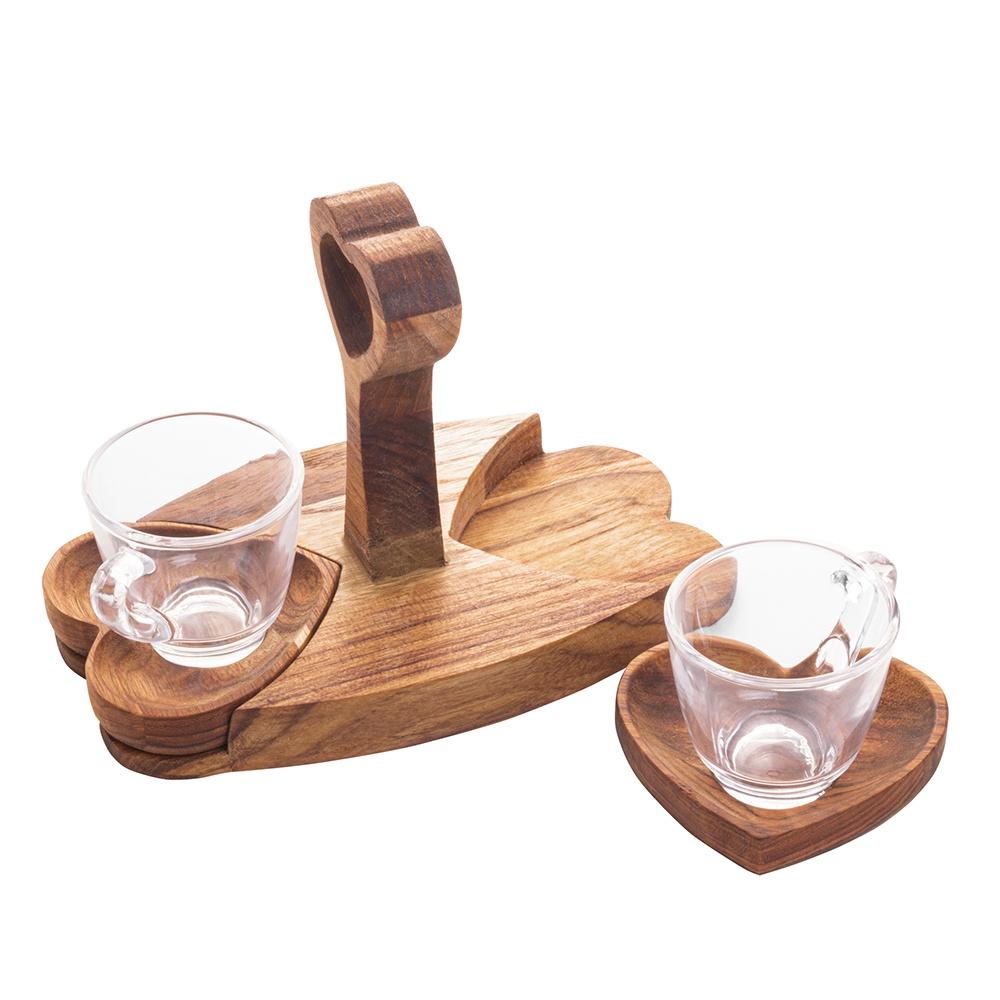 Conjunto com 2 xícaras de café de cristal, pires e suporte madeira teca Coração 75ml
