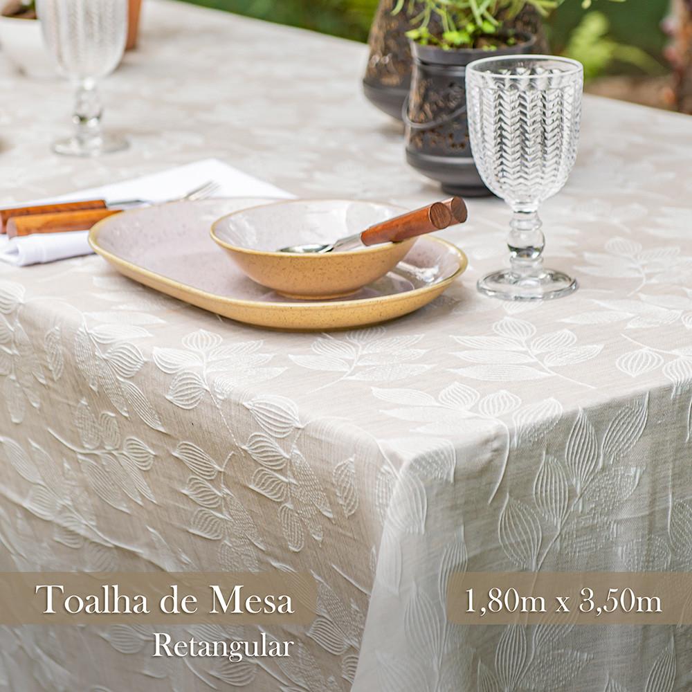 Toalha De Mesa Jacquard Bordado Folhas Rafimex Poli-Bambu 180x350Cm