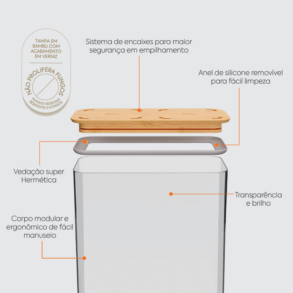 Pote Hermético Quadrado 1,5L Tampa Bambu BPA Free Coza Prático E Moderno