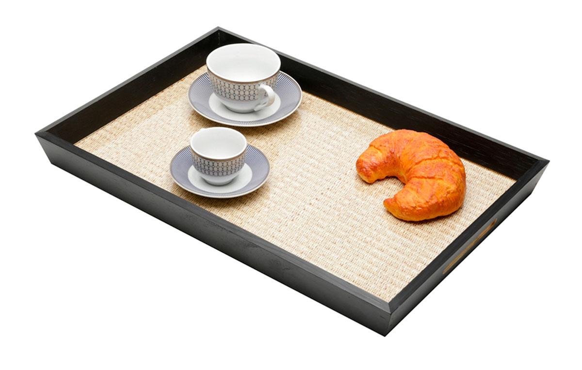 Bandeja de madeira chanfrada e rafia 48x32x5 cm