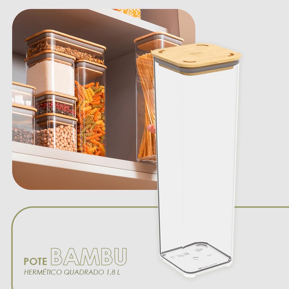 Pote Hermético Quadrado 1,8L Tampa Bambu BPA Free Coza Prático E Moderno