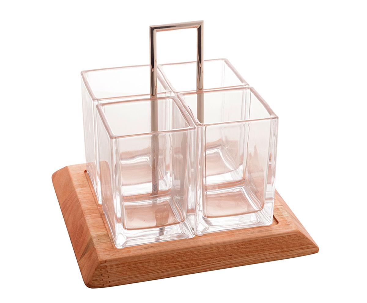 Porta talheres cristal/madeira Liptus 24x24x24cm
