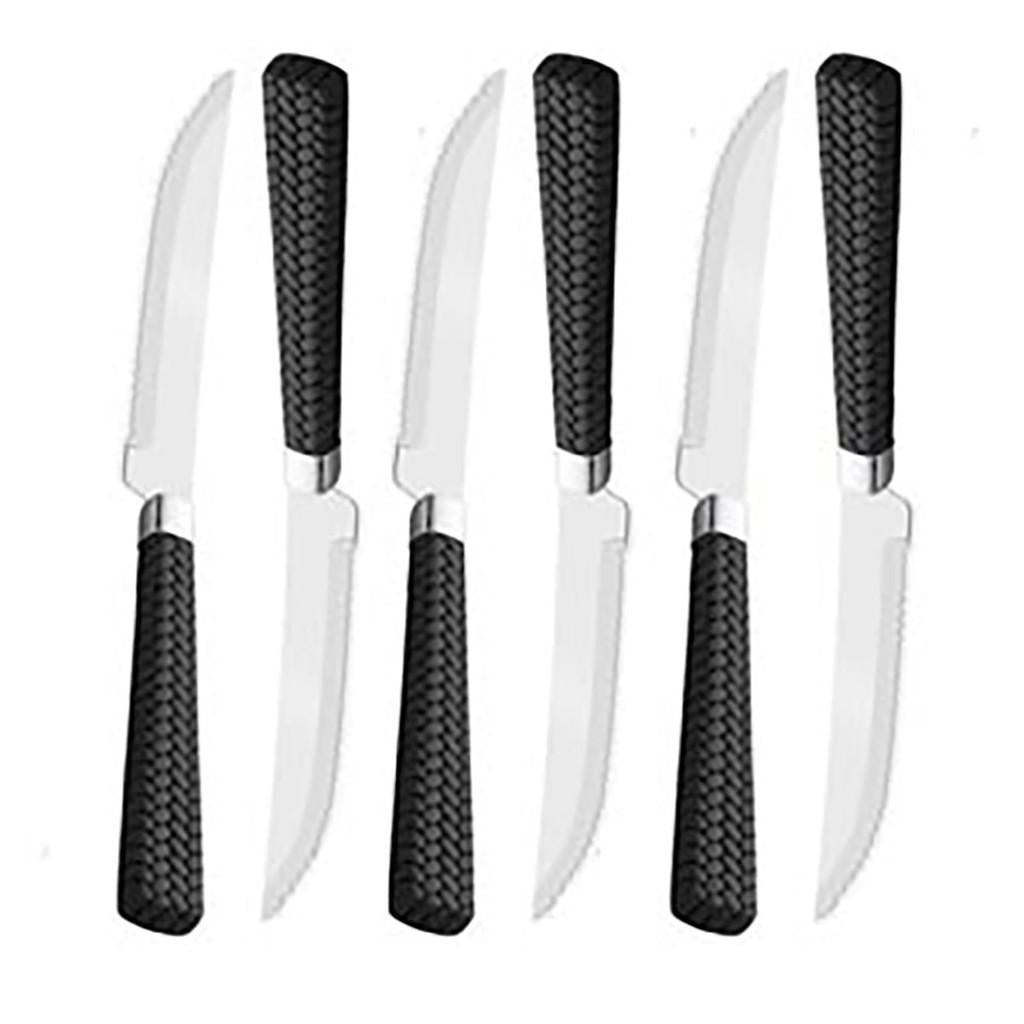Conjunto com 6 facas p/churrasco de aço inox c/cabo de plástico Rattan preto 22cm