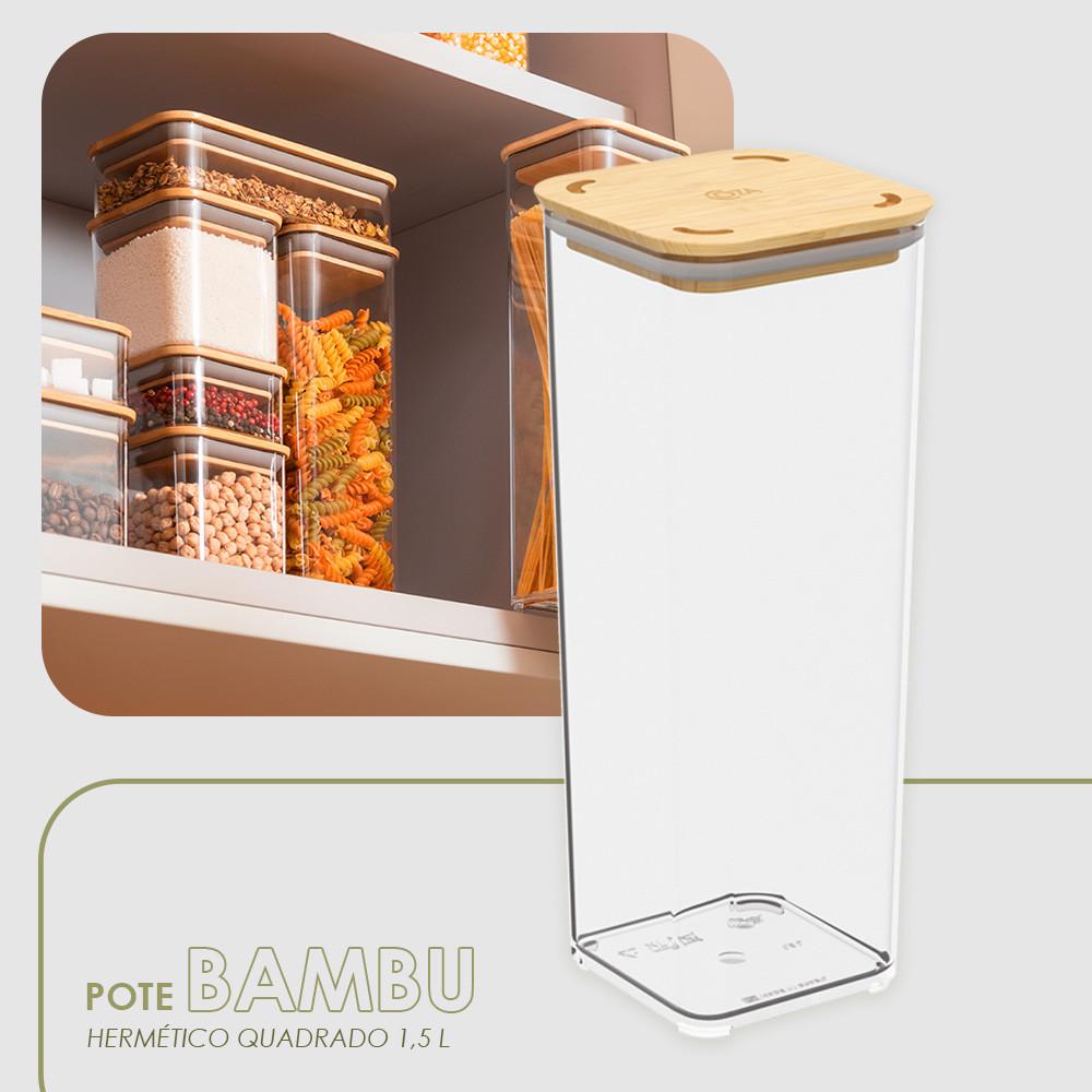 Pote Hermético Quadrado 1,5L Tampa Bambu BPA Free Coza Prático E Moderno