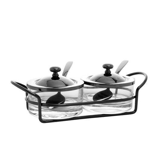 Porta Geléia de vidro com suporte e colher de aço Italy Black 24x10x8cm