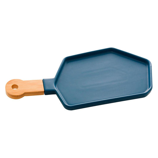 Petisqueira em porcelana com cabo bambu Azul Matt 40x19x2cm