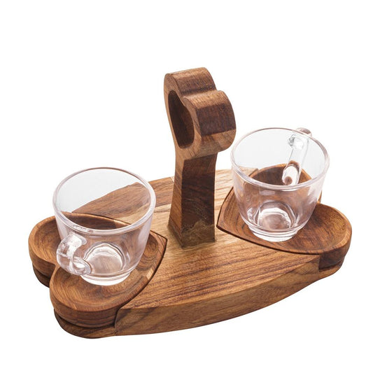 Conjunto com 2 xícaras de café de cristal, pires e suporte madeira teca Coração 75ml