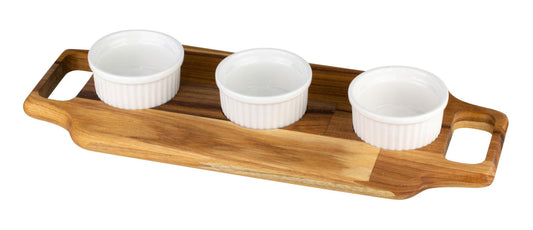 Tábua em madeira Teca com 3 petisqueiras em porcelana 36x15x5cm