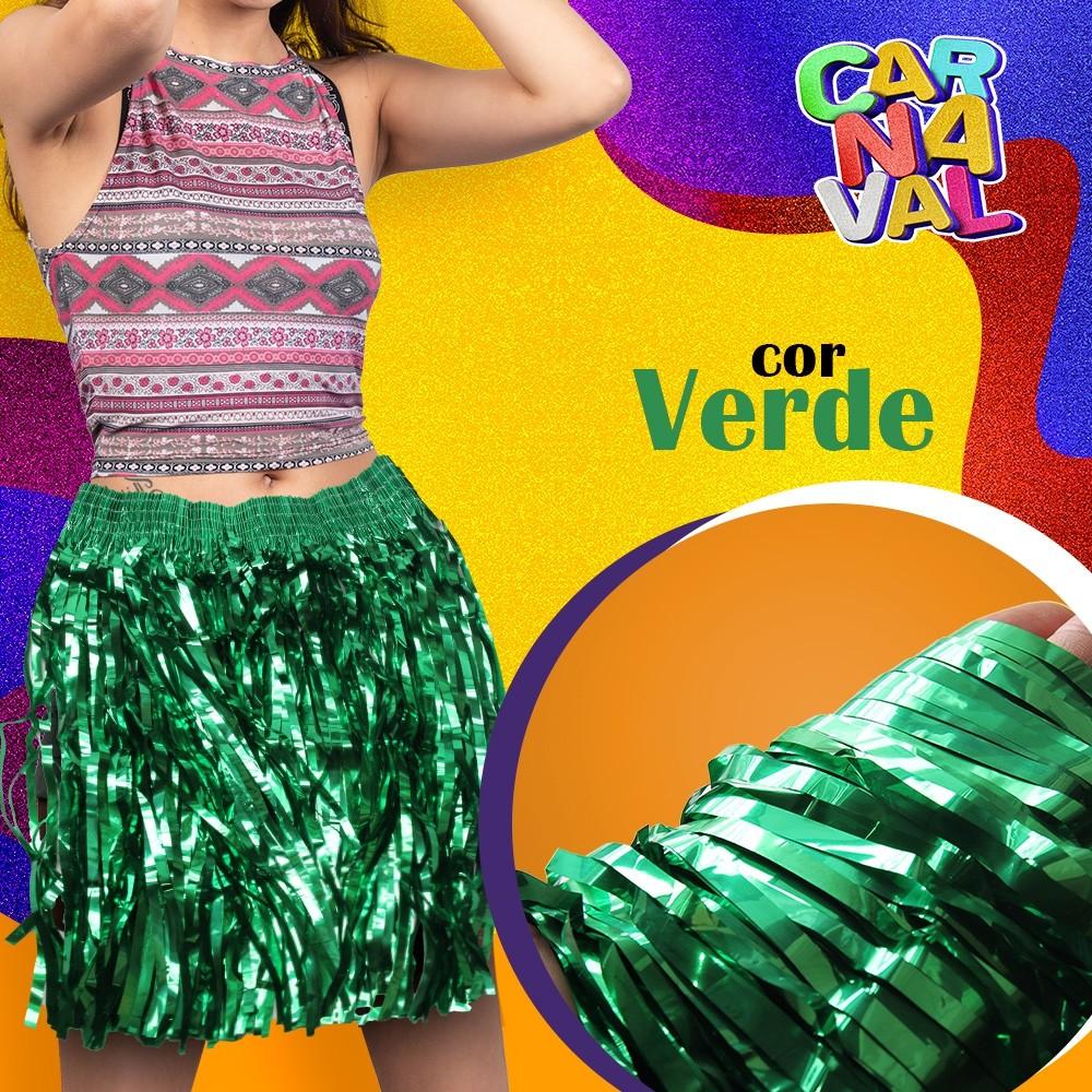 Saia Havaiana Metalizada 40cm Mais Colar Brilho No Carnaval