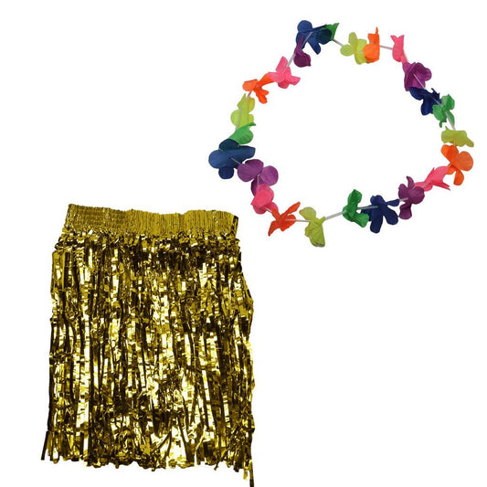 Saia Havaiana Metalizada 40cm Mais Colar Brilho No Carnaval