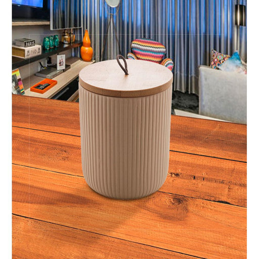 Potiche decorativo de cerâmica c/tampa de bambu e pegador de corda Lines 10x10x15cm