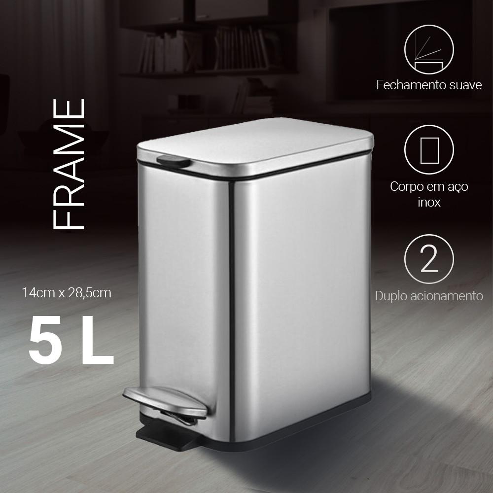 Lixeira Retangular Pedal e Balde 5L Aço Inox Escovado Brinox